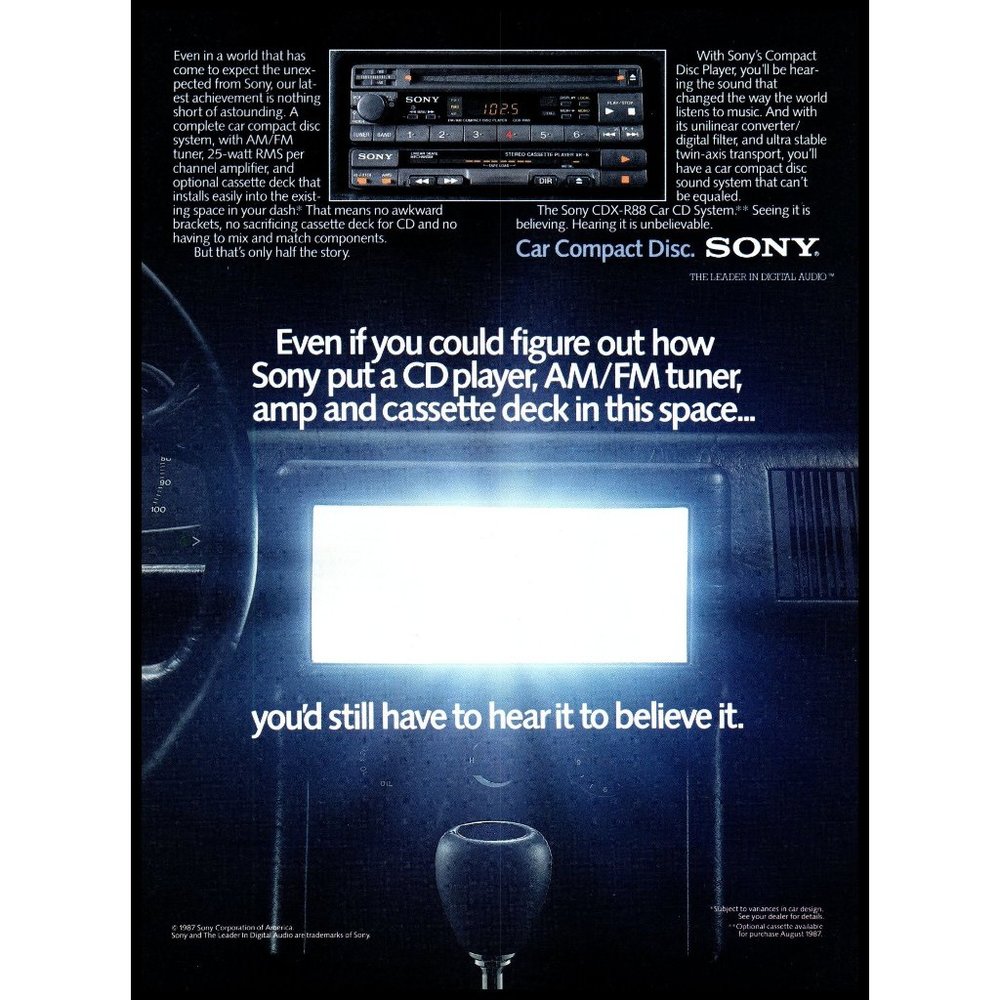 1987 Sony Car Stereo Compact Disc CD Player CDX-R88 Vintage Print Ad Wall Art